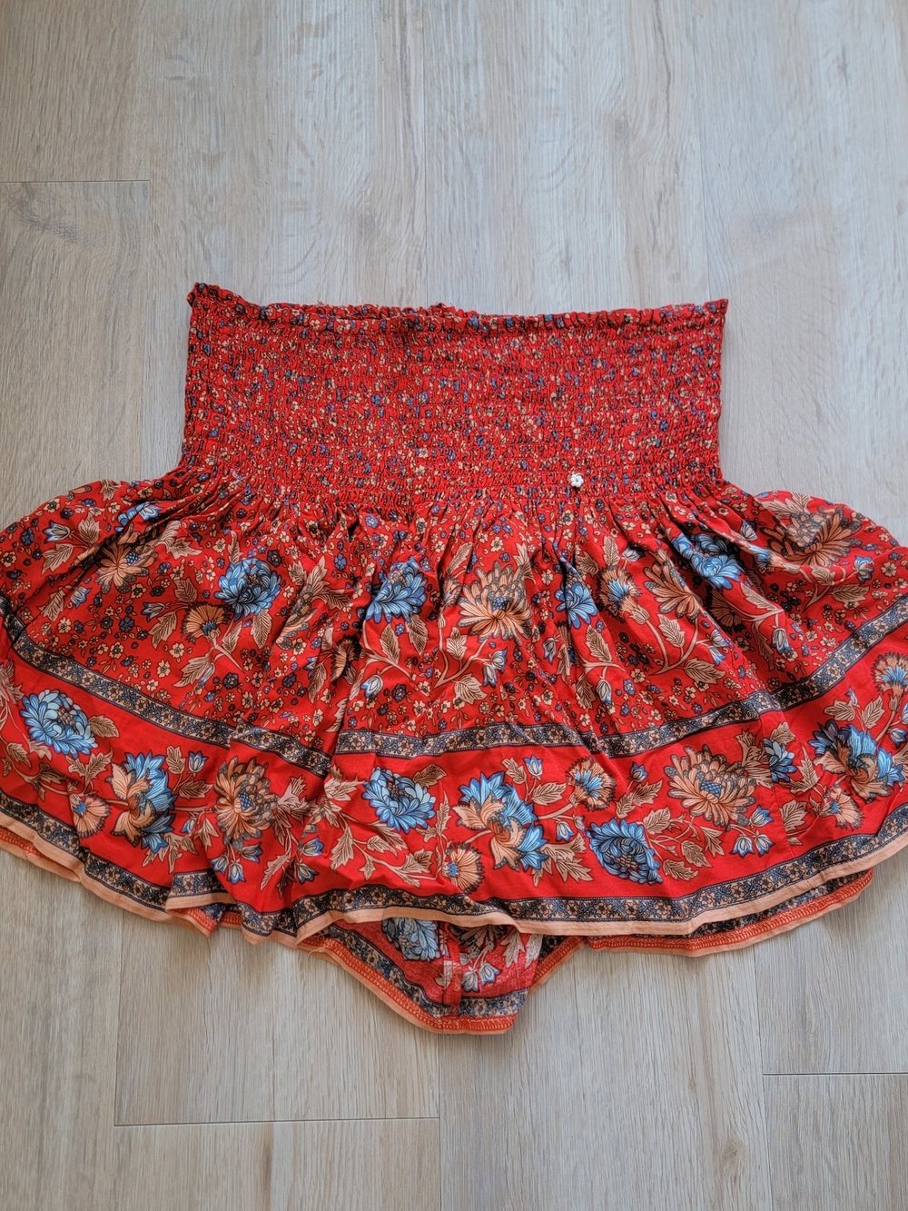NATURAL LIFE Red Floral Smocked Skater Skirt with Blue & Peach Flowers